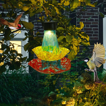 Solar-Powered Glass Hummingbird Feeder - Outdoor Garden Decor, Bird Feeding Station