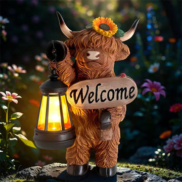 Solar Highland Cow Outdoor Statue with Lantern
