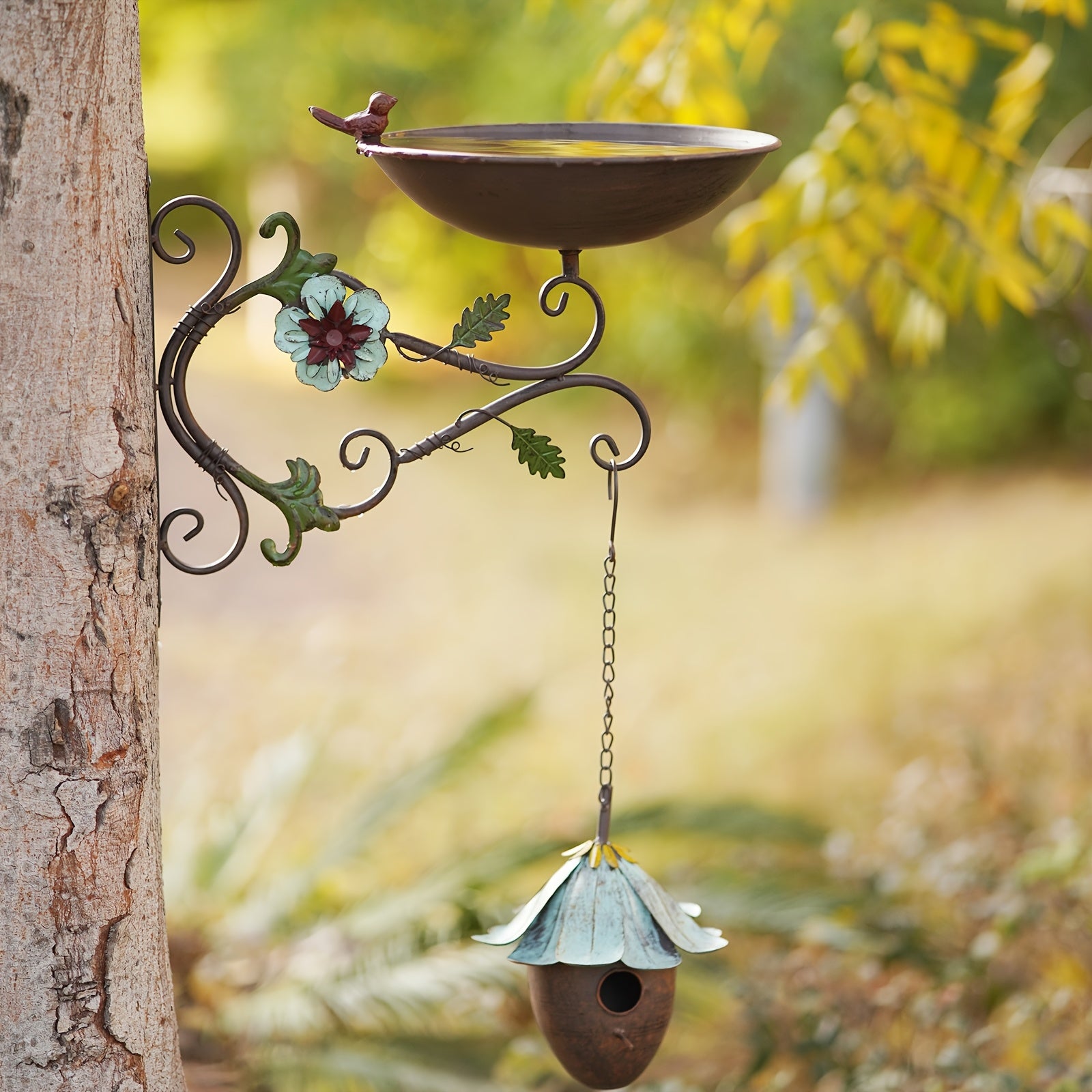 Wall Mounted Birdbath and Hanging Birdhouse