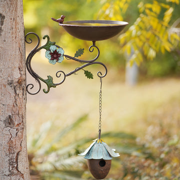 Wall Mounted Birdbath and Hanging Birdhouse