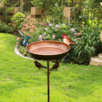 Outdoor Bird Bath with Bird Decor - Metal Garden Basin with Spike Base