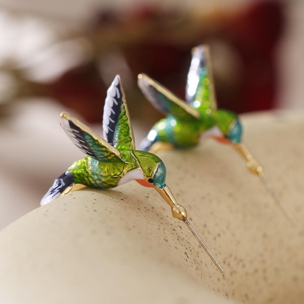 Vintage Enamel Hummingbird Hoop Earrings