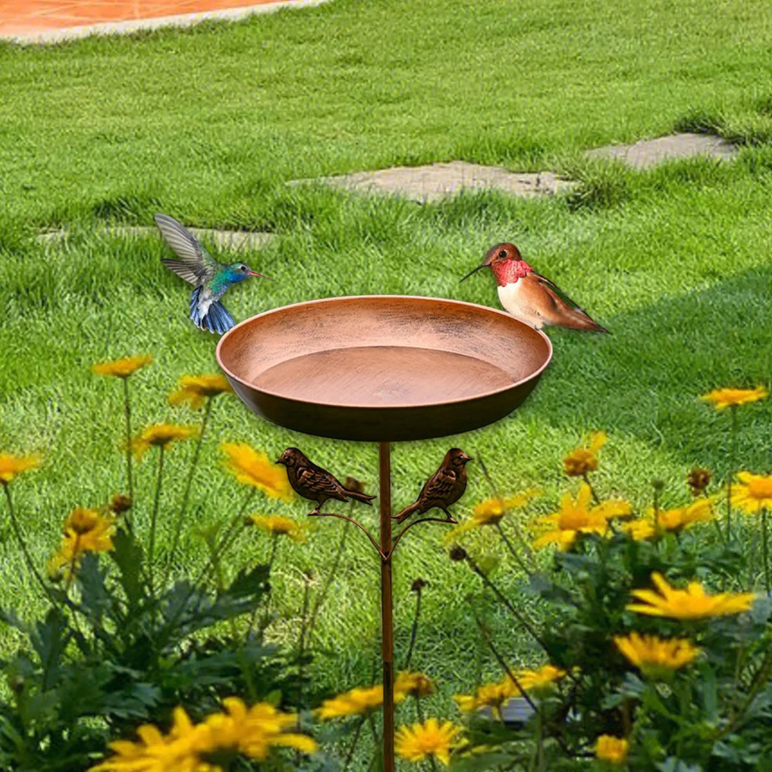 Outdoor Bird Bath with Bird Decor - Metal Garden Basin with Spike Base