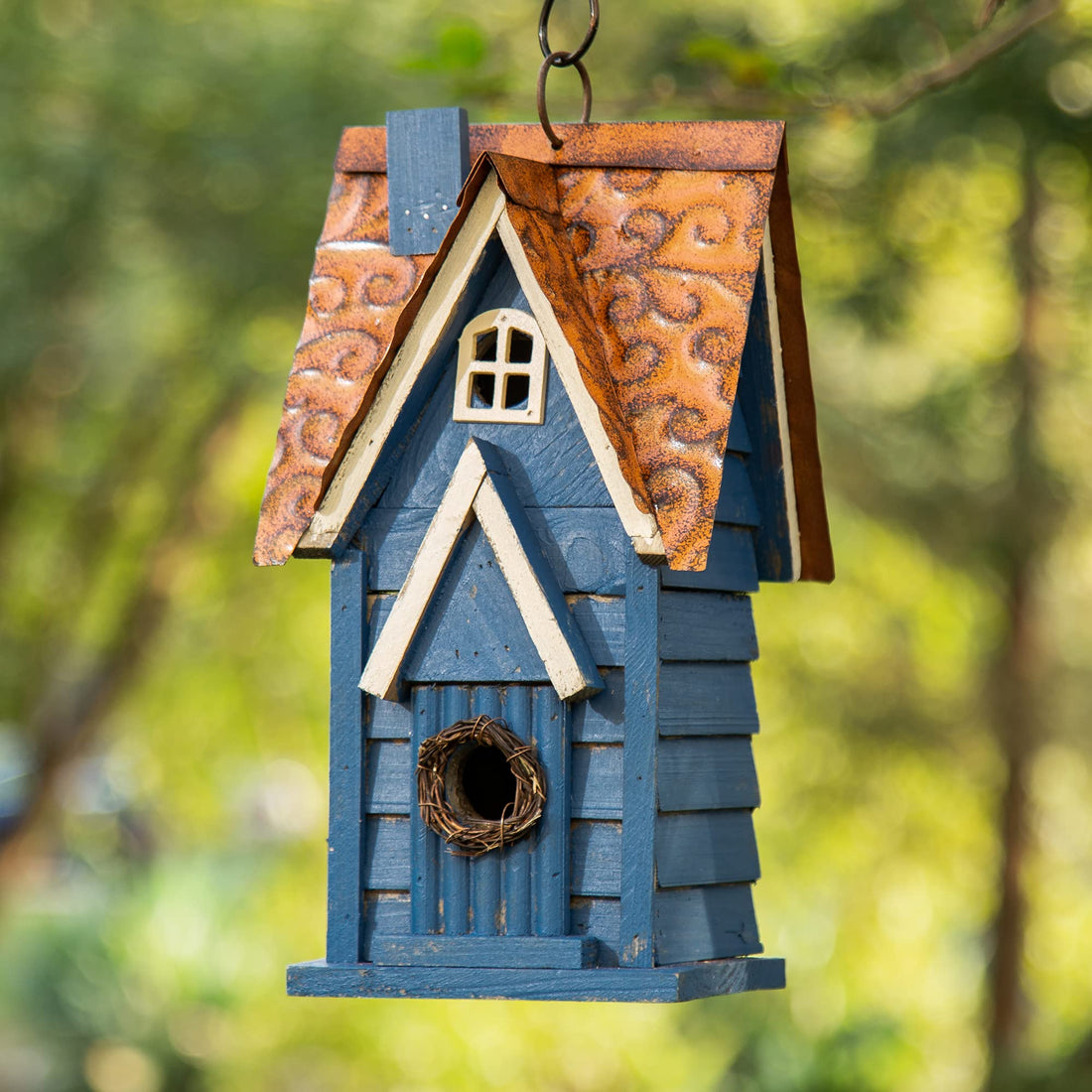 Blue Hanging Wooden Birdhouse - Vintage Outdoor Nest Box for Garden