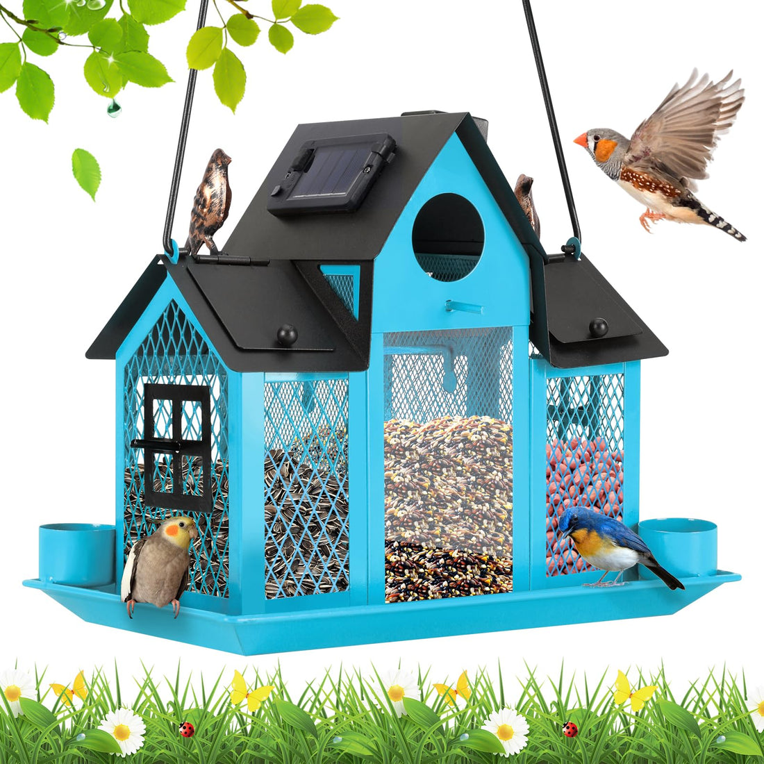 Blue Solar Hanging Bird Feeder Outdoor