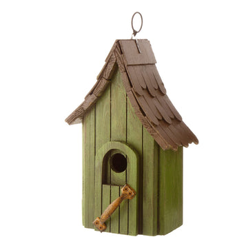 Hand-Painted Green Wooden Birdhouse - Rustic Garden Decor
