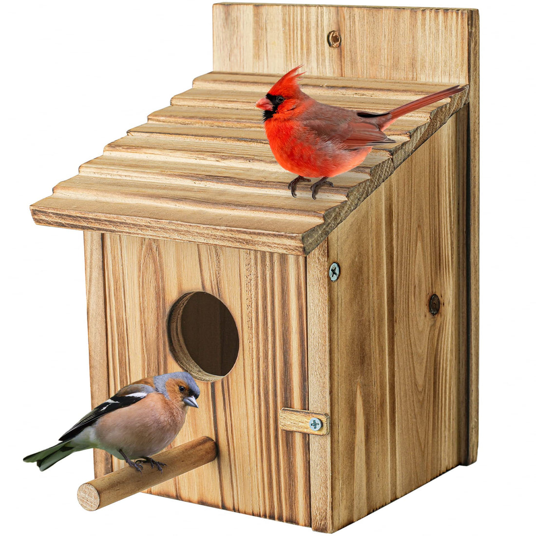 Wooden Bird House with Pole - Outdoor Hanging Nest Box for Finches, Bluebirds & Cardinals