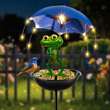 Solar Frog Bird Feeder - Outdoor Garden Decor with LED Light & Umbrella