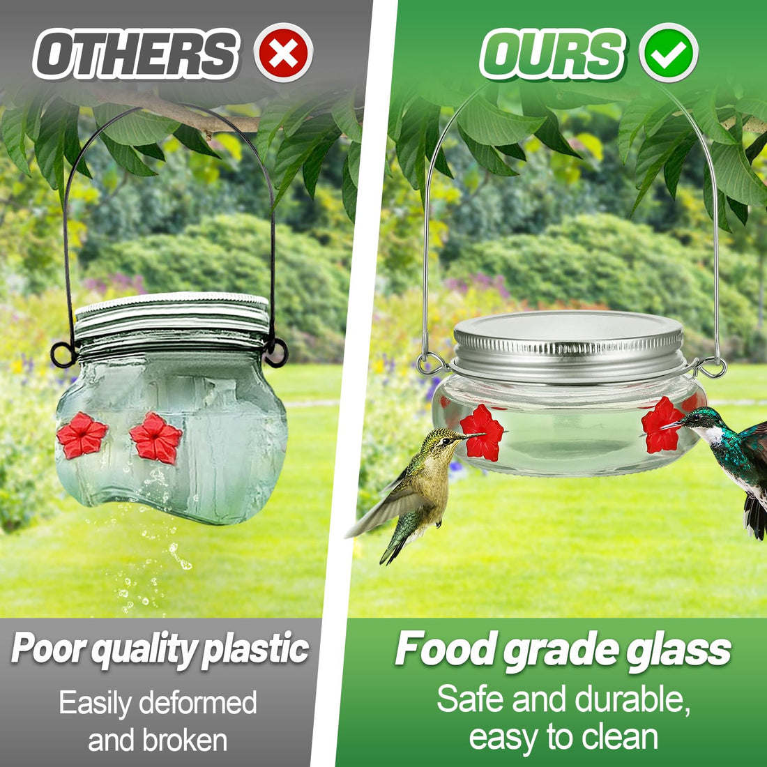 Hummingbird Feeder - Mason Jar Glass Feeder with 8 Flower-Shaped Ports, Wide Mouth