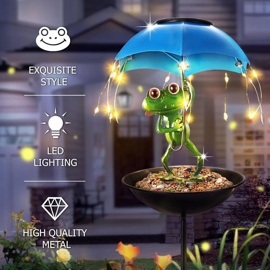 Solar Frog Bird Feeder - Outdoor Garden Decor with LED Light & Umbrella
