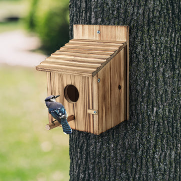 Wooden Bird House with Pole - Outdoor Hanging Nest Box for Finches, Bluebirds & Cardinals