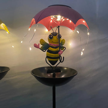 Solar LED Umbrella Bird Feeder - Wrought Iron Garden Decor with Bee Design