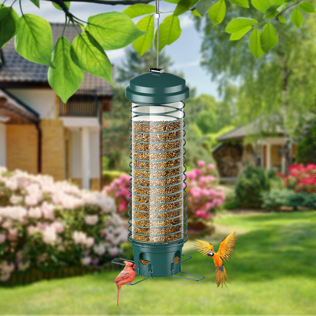 Squirrel-Proof Bird Feeder - Patented Metal Spring Design with 4 Feeding Ports