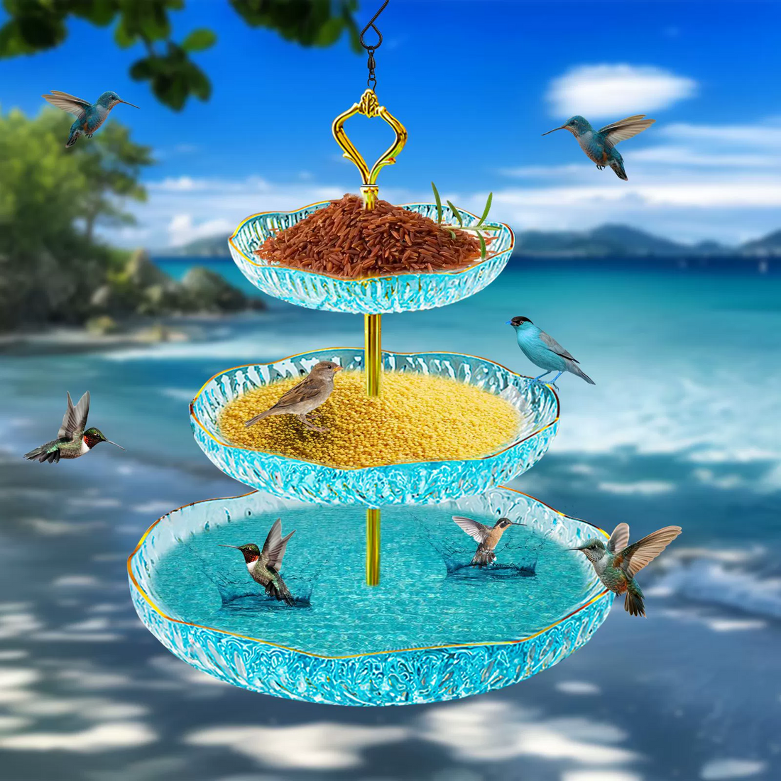 New Outdoor Garden Hanging Bird Feeder & Bath