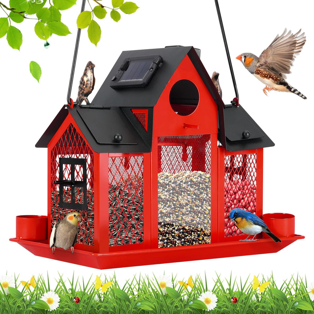 Red Solar Hanging Bird Feeder Outdoor