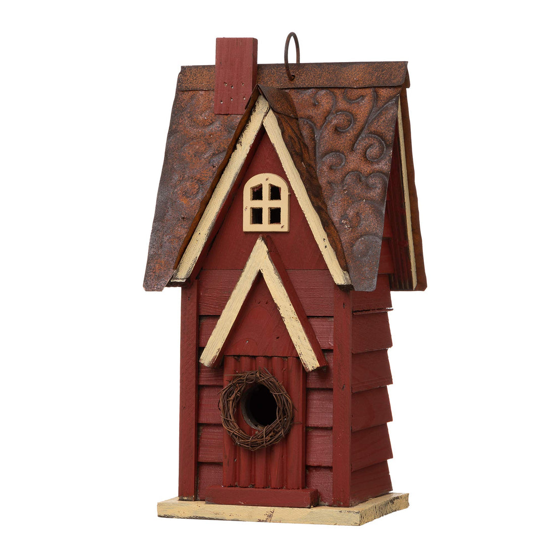 Retro Red Hanging Wooden Birdhouse - Vintage Outdoor Nest Box for Garden
