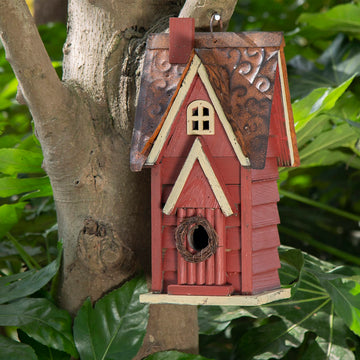 Retro Red Hanging Wooden Birdhouse - Vintage Outdoor Nest Box for Garden