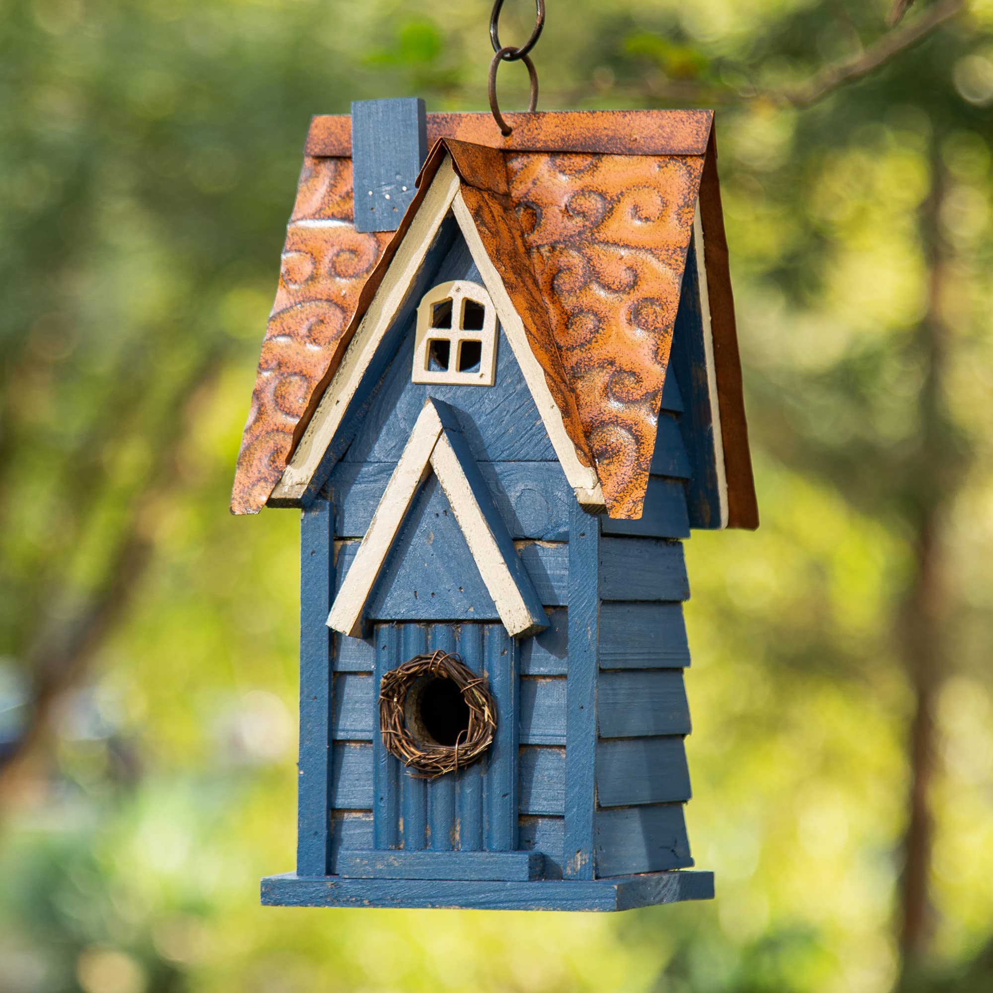 Blue Hanging Wooden Birdhouse - Vintage Outdoor Nest Box for Garden