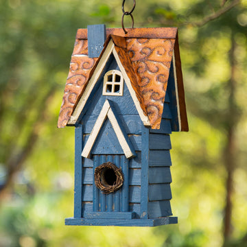 Blue Hanging Wooden Birdhouse - Vintage Outdoor Nest Box for Garden