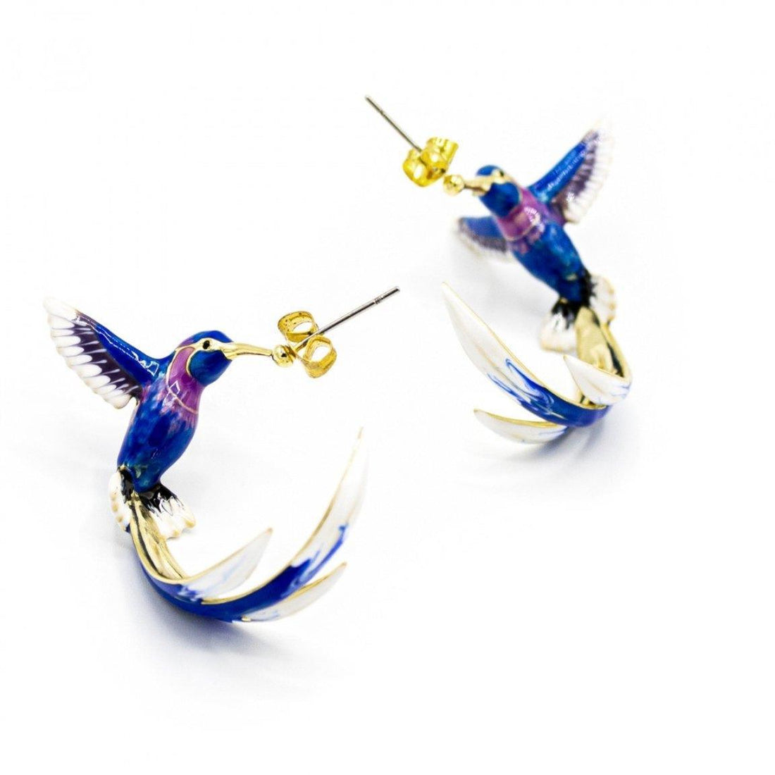 Vintage Enamel Hummingbird Hoop Earrings