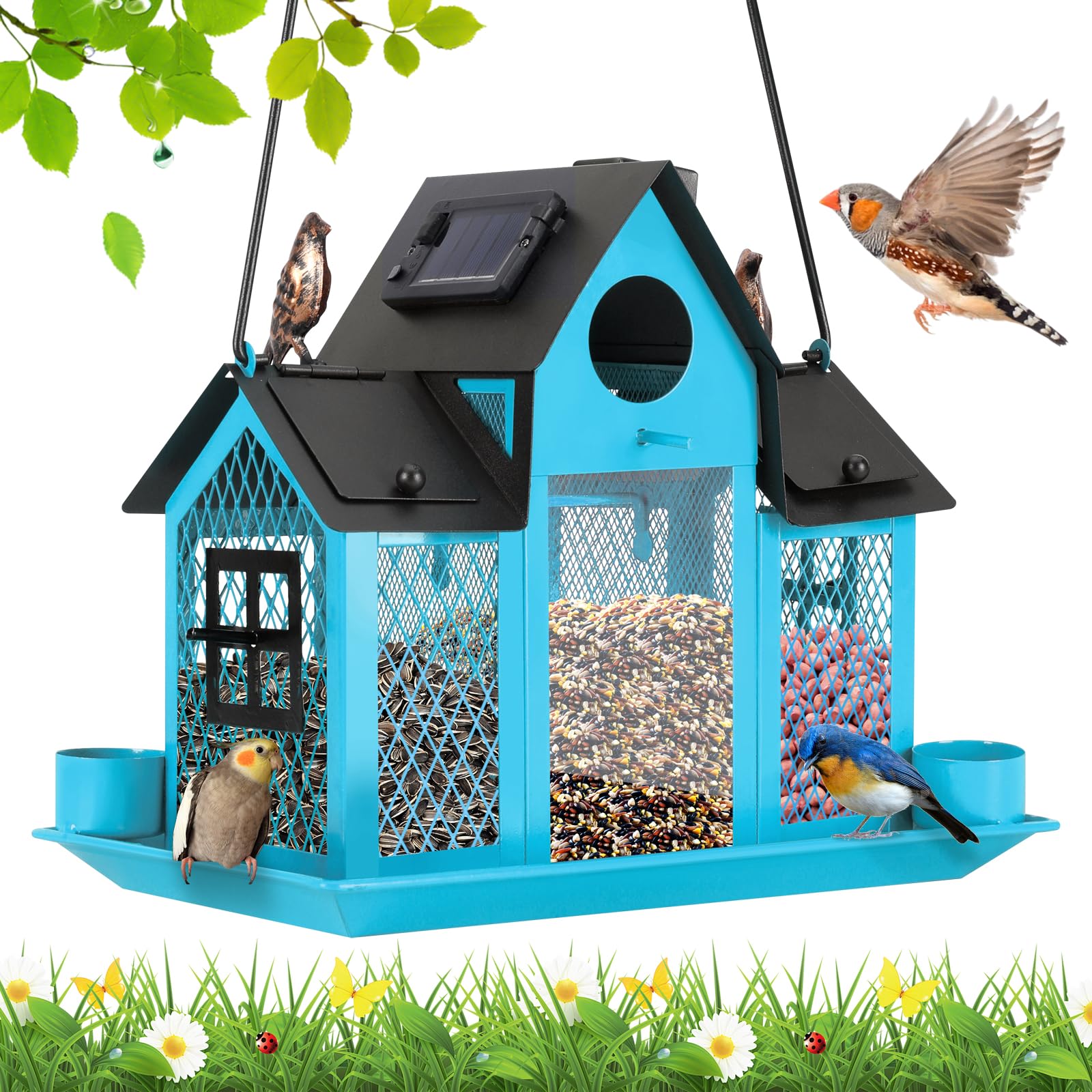 Blue Solar Hanging Bird Feeder Outdoor