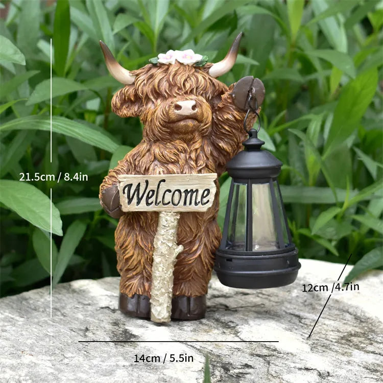 Solar Highland Cow Outdoor Statue with Lantern
