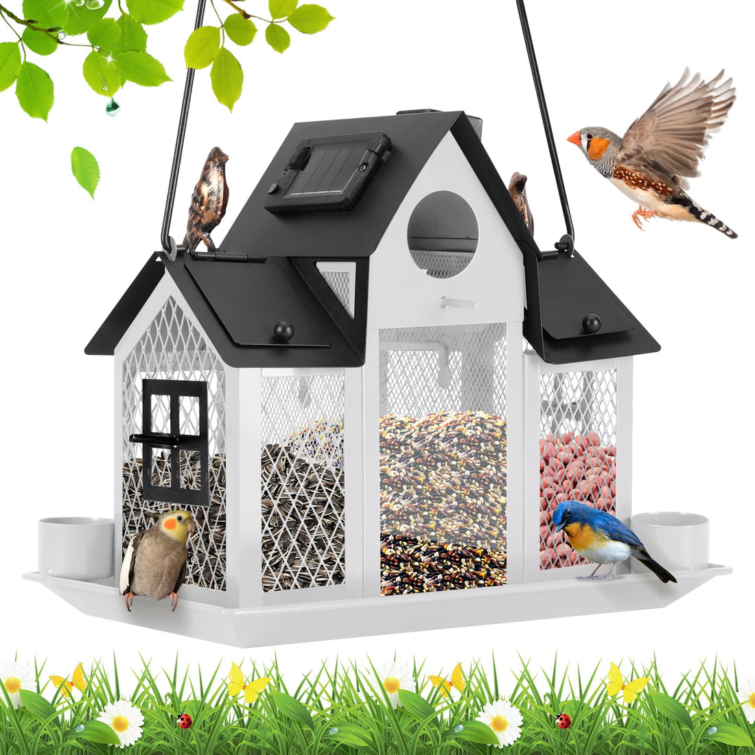 White Solar Hanging Bird Feeder Outdoor