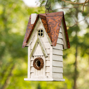 White Hanging Wooden Birdhouse - Vintage Outdoor Nest Box for Garden