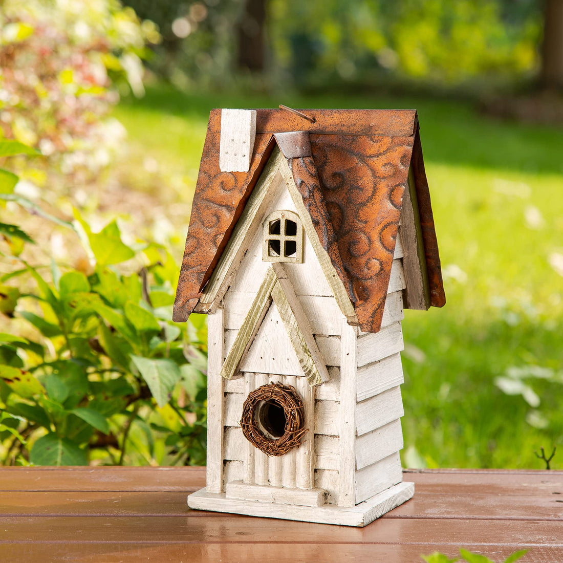 White Hanging Wooden Birdhouse - Vintage Outdoor Nest Box for Garden