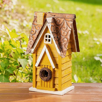 Yellow Hanging Wooden Birdhouse - Vintage Outdoor Nest Box for Garden