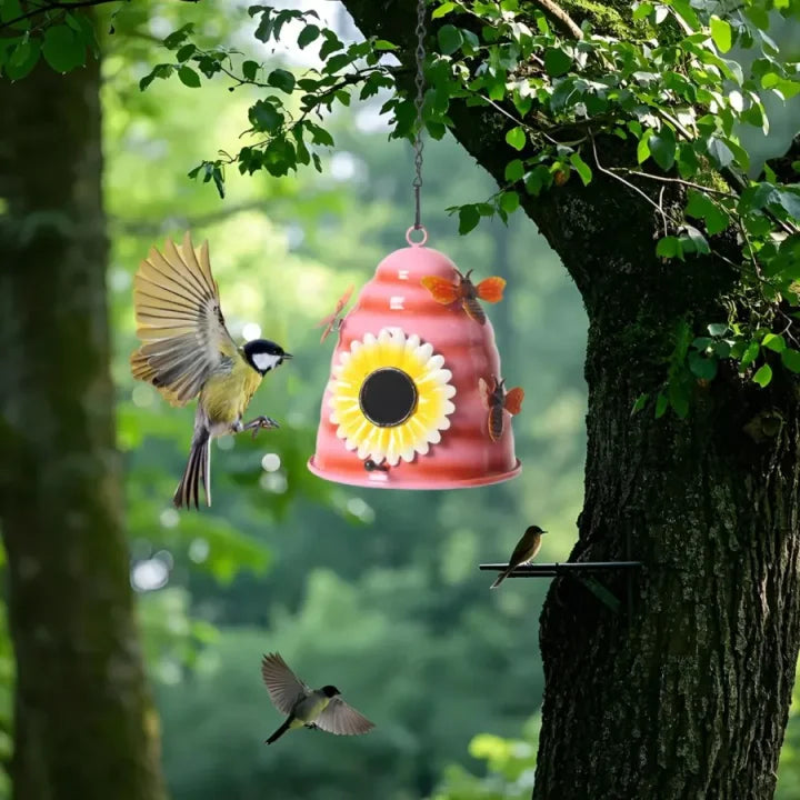 Metal honeycomb birdhouse with bees and flowers