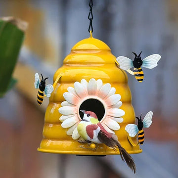 Metal honeycomb birdhouse with bees and flowers